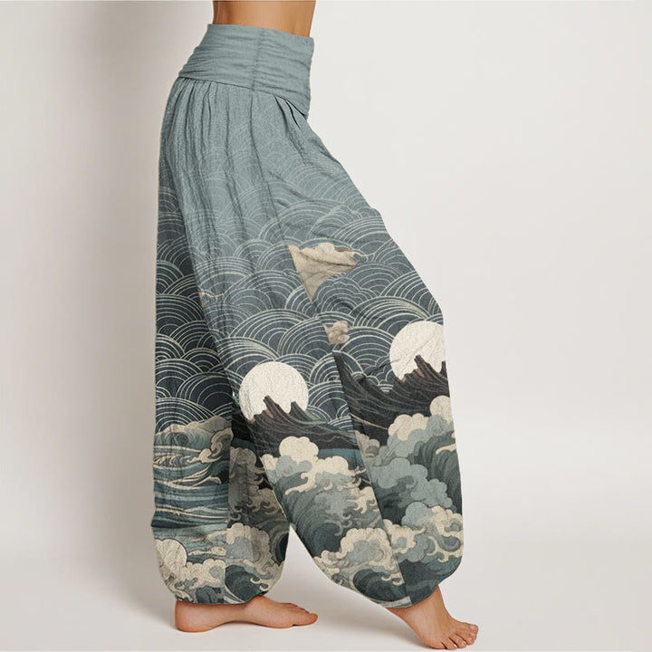 Pantalon harem à taille élastique pour femme, en coton décontracté, motif vagues, lune et montagnes, Buddha Stones - image 6