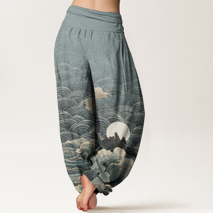 Pantalon harem à taille élastique pour femme, en coton décontracté, motif vagues, lune et montagnes, Buddha Stones - image 5