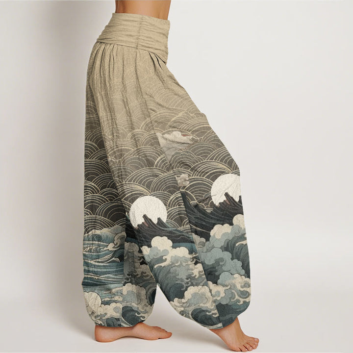 Pantalon harem à taille élastique pour femme, en coton décontracté, motif vagues, lune et montagnes, Buddha Stones - image 9