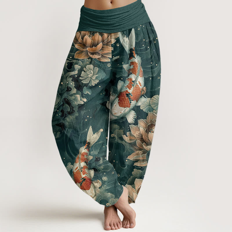 Pantalon harem à taille élastique pour femme, en coton, orné de Buddha Stones, de carpes koï colorées et de fleurs de lotus. - Vert clair - US22，UK/AU26，EU54 (6XL) - image 0