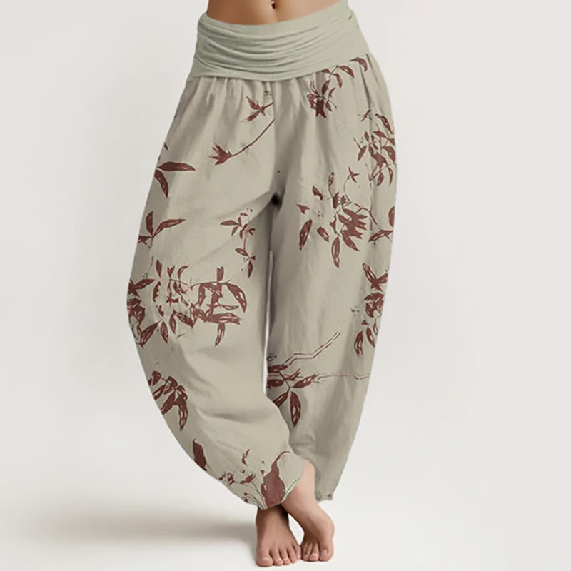 Pantalon harem à taille élastique pour femme, motif branches de coton et Buddha Stones - Kaki - US22，UK/AU26，EU54 (6XL) - image 0