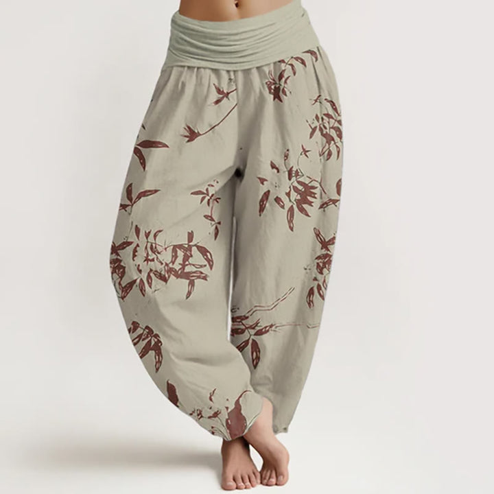 Pantalon harem à taille élastique pour femme, motif branches de coton et Buddha Stones - Kaki - US22，UK/AU26，EU54 (6XL) - image 0