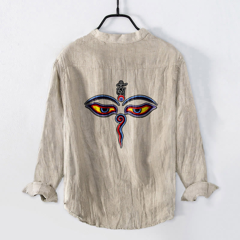Chemise à manches longues pour homme en coton et lin, motif yeux et Buddha Stones Om - image 4