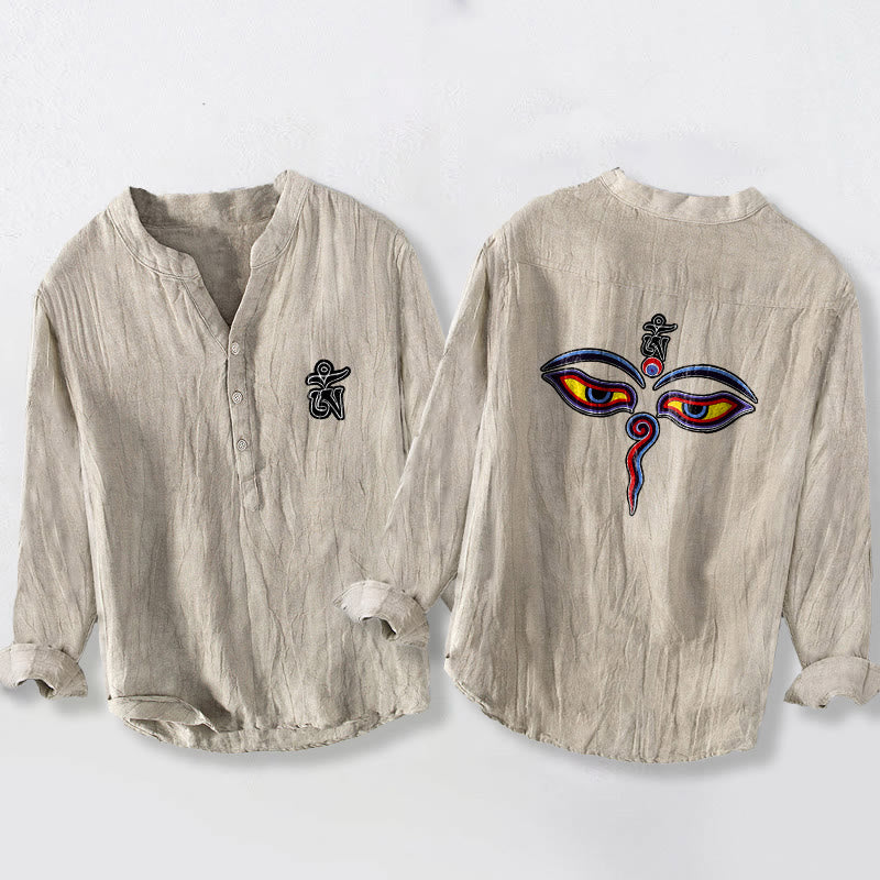 Chemise à manches longues pour homme en coton et lin, motif yeux et Buddha Stones Om - Lin - US/UK/AU50，EU60 (5XL) - image 3