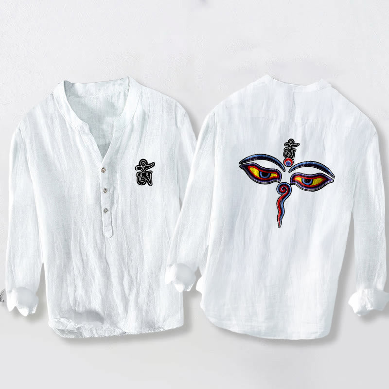 Chemise à manches longues pour homme en coton et lin, motif yeux et Buddha Stones Om - Blanc - US/UK/AU50，EU60 (5XL) - image 6