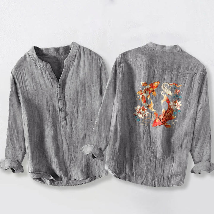 Chemise à manches longues pour homme en coton et lin, ornée de demi-boutons et de motifs de lotus et de carpes koï brillantes , Buddha Stones - image 2