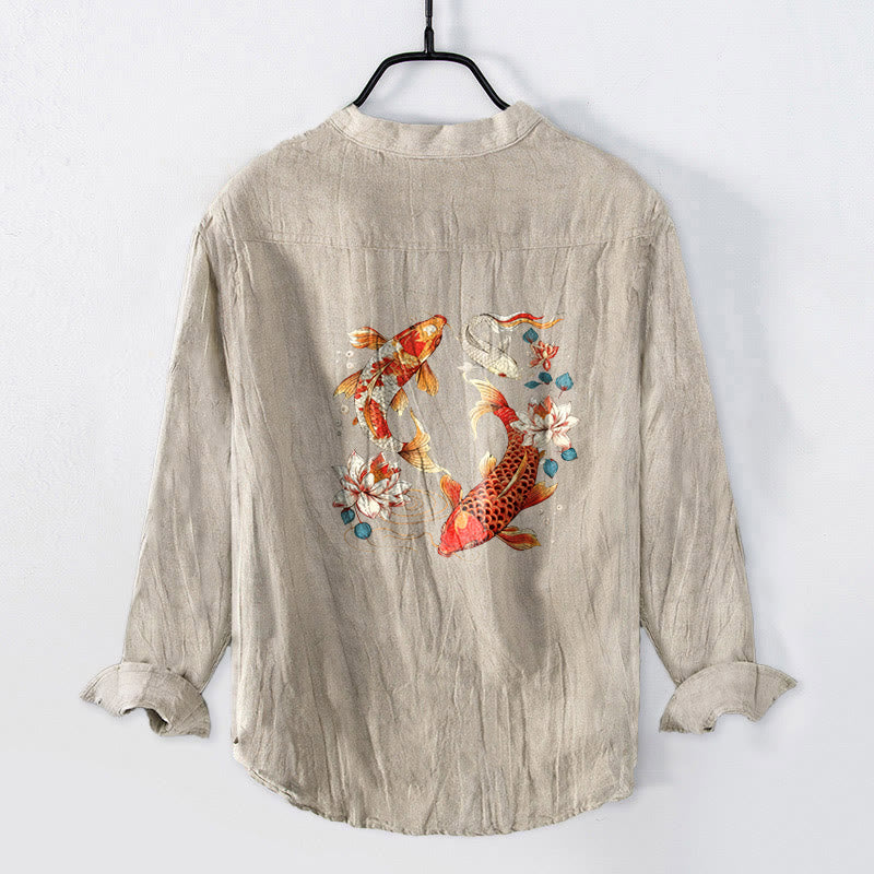 Chemise à manches longues pour homme en coton et lin, ornée de demi-boutons et de motifs de lotus et de carpes koï brillantes , Buddha Stones - Lin - US/UK/AU50，EU60 (5XL) - image 3