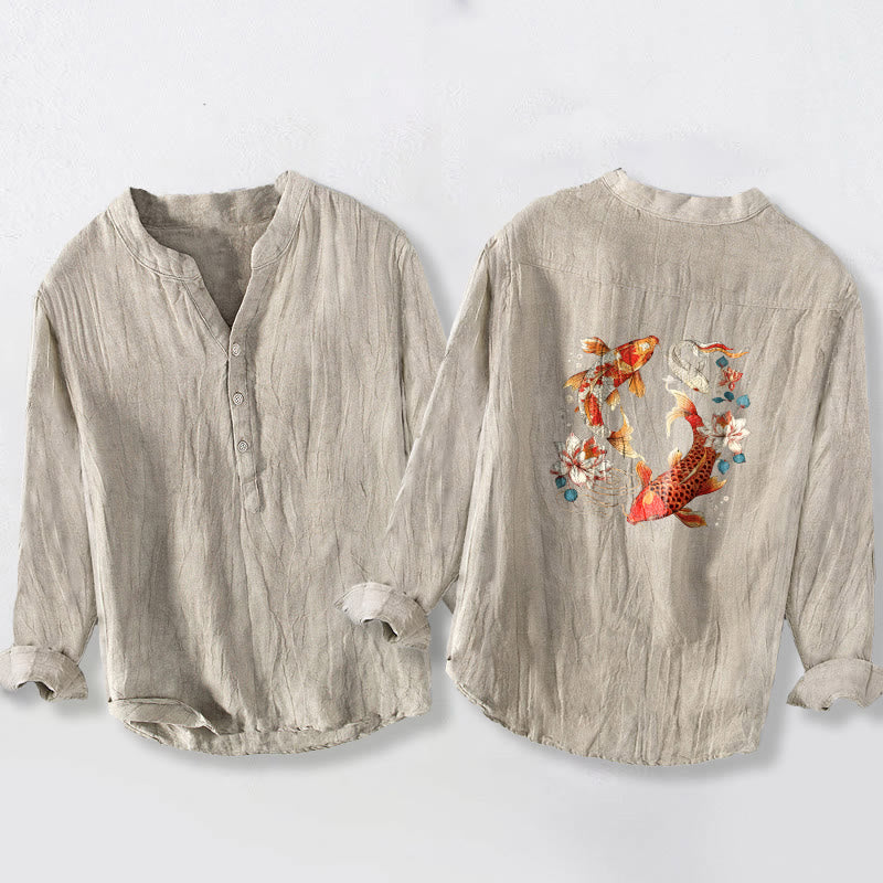 Chemise à manches longues pour homme en coton et lin, ornée de demi-boutons et de motifs de lotus et de carpes koï brillantes , Buddha Stones - image 5