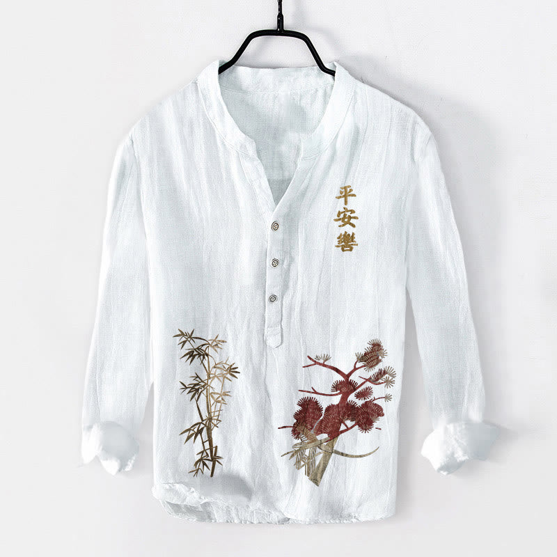 Chemise à manches longues pour homme en coton et lin, ornée de demi-boutons en pin et bambou , Buddha Stones et de caractères chinois. - Blanc - US/UK/AU50，EU60 (5XL) - image 0