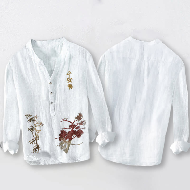 Chemise à manches longues pour homme en coton et lin, ornée de demi-boutons en pin et bambou , Buddha Stones et de caractères chinois. - image 2