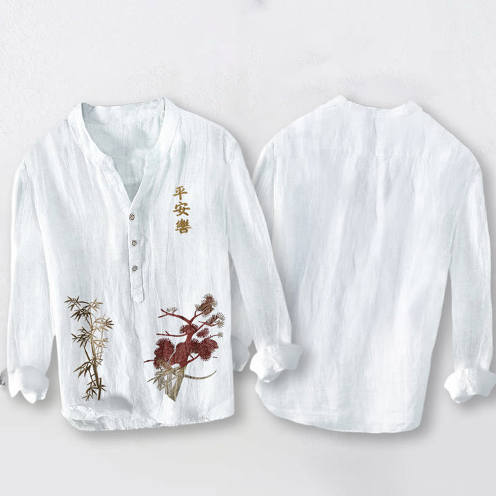 Chemise à manches longues pour homme en coton et lin, ornée de demi-boutons en pin et bambou , Buddha Stones et de caractères chinois. - image 2