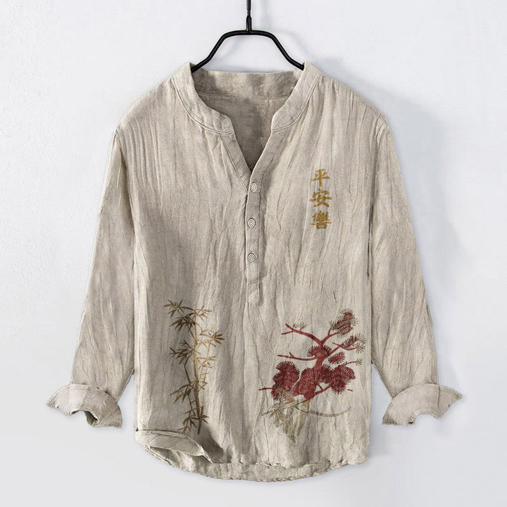 Chemise à manches longues pour homme en coton et lin, ornée de demi-boutons en pin et bambou , Buddha Stones et de caractères chinois. - Lin - US/UK/AU50，EU60 (5XL) - image 3