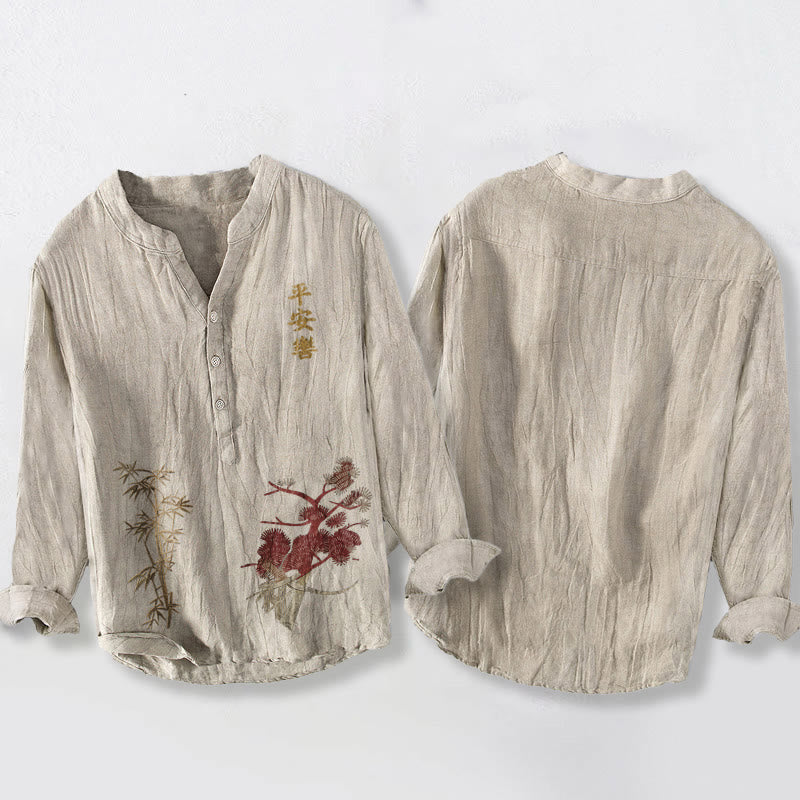 Chemise à manches longues pour homme en coton et lin, ornée de demi-boutons en pin et bambou , Buddha Stones et de caractères chinois. - image 5