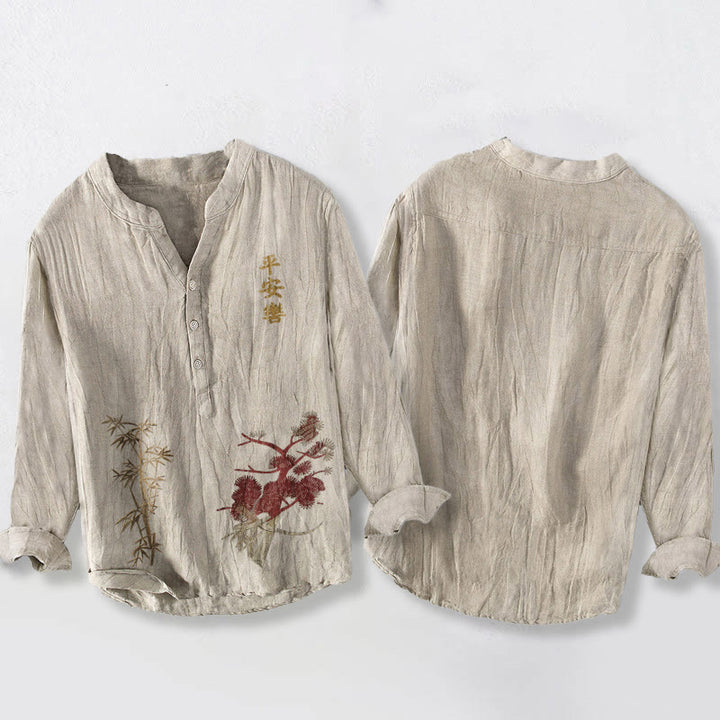 Chemise à manches longues pour homme en coton et lin, ornée de demi-boutons en pin et bambou , Buddha Stones et de caractères chinois. - image 5