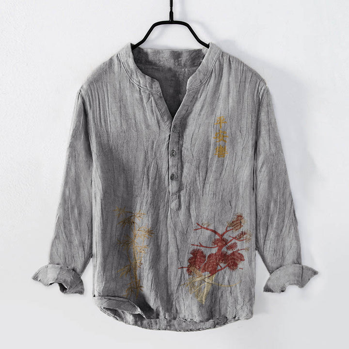 Chemise à manches longues pour homme en coton et lin, ornée de demi-boutons en pin et bambou , Buddha Stones et de caractères chinois. - Gris - US/UK/AU50，EU60 (5XL) - image 6