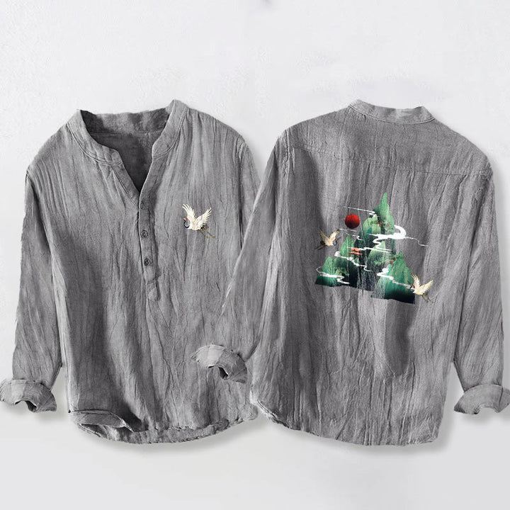 Chemise à manches longues pour homme en coton et lin, motif grue de montagne et Buddha Stones, soleil rouge et demi-boutons - Gris - US/UK/AU50，EU60 (5XL) - image 0