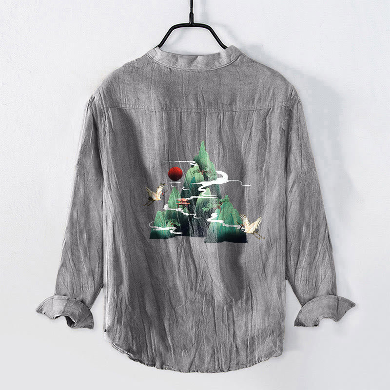 Chemise à manches longues pour homme en coton et lin, motif grue de montagne et Buddha Stones, soleil rouge et demi-boutons - image 2