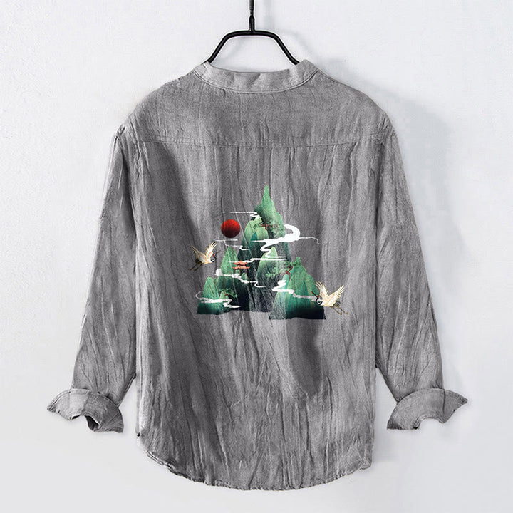 Chemise à manches longues pour homme en coton et lin, motif grue de montagne et Buddha Stones, soleil rouge et demi-boutons - image 2