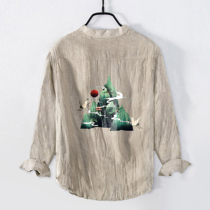 Chemise à manches longues pour homme en coton et lin, motif grue de montagne et Buddha Stones, soleil rouge et demi-boutons - image 5