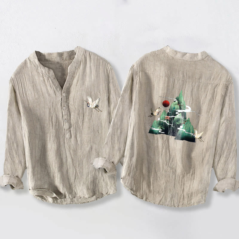 Chemise à manches longues pour homme en coton et lin, motif grue de montagne et Buddha Stones, soleil rouge et demi-boutons - Lin - US/UK/AU50，EU60 (5XL) - image 3