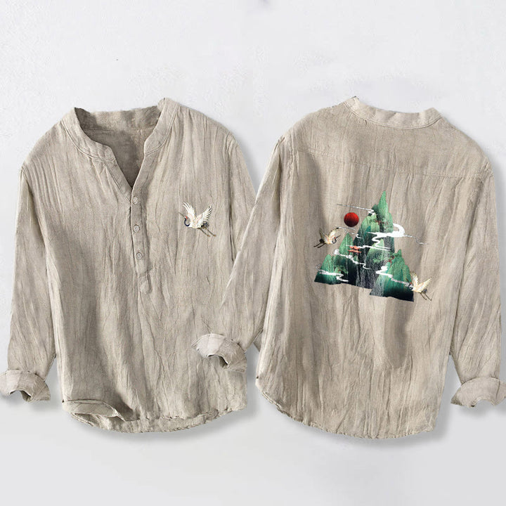 Chemise à manches longues pour homme en coton et lin, motif grue de montagne et Buddha Stones, soleil rouge et demi-boutons - Lin - US/UK/AU50，EU60 (5XL) - image 3