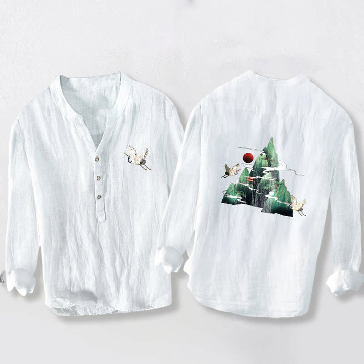 Chemise à manches longues pour homme en coton et lin, motif grue de montagne et Buddha Stones, soleil rouge et demi-boutons - Blanc - US/UK/AU50，EU60 (5XL) - image 6