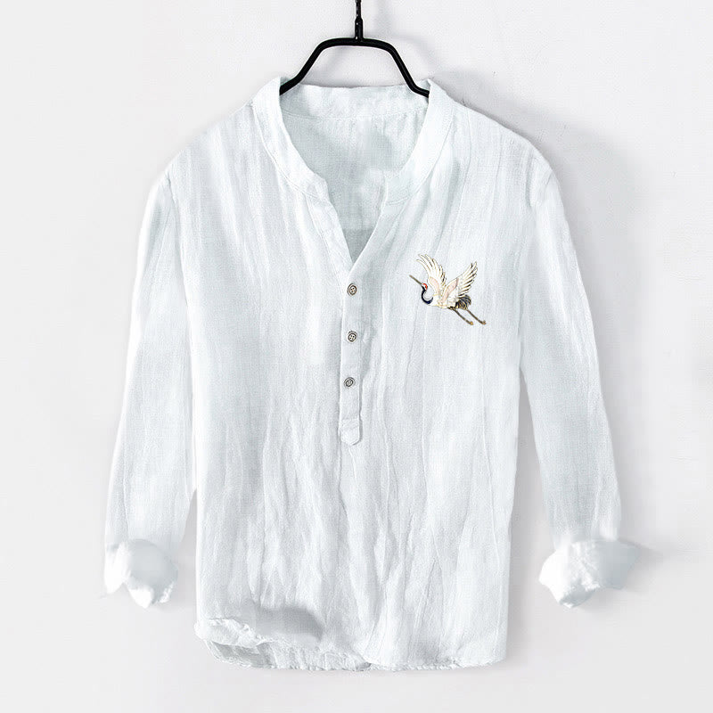 Chemise à manches longues pour homme en coton et lin, motif grue de montagne et Buddha Stones, soleil rouge et demi-boutons - image 7