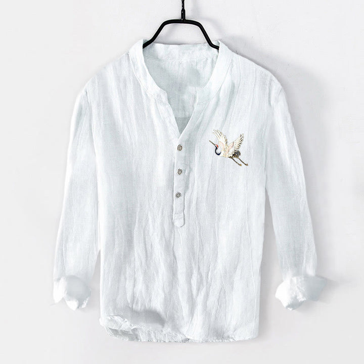 Chemise à manches longues pour homme en coton et lin, motif grue de montagne et Buddha Stones, soleil rouge et demi-boutons - image 7