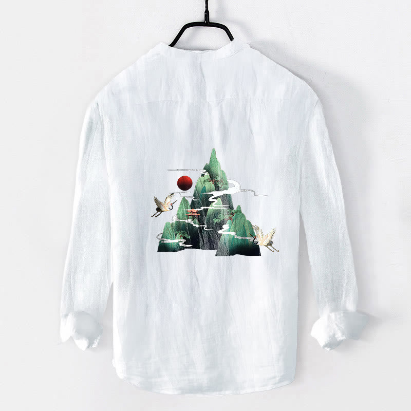 Chemise à manches longues pour homme en coton et lin, motif grue de montagne et Buddha Stones, soleil rouge et demi-boutons - image 8