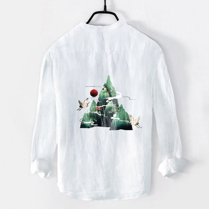 Chemise à manches longues pour homme en coton et lin, motif grue de montagne et Buddha Stones, soleil rouge et demi-boutons - image 8