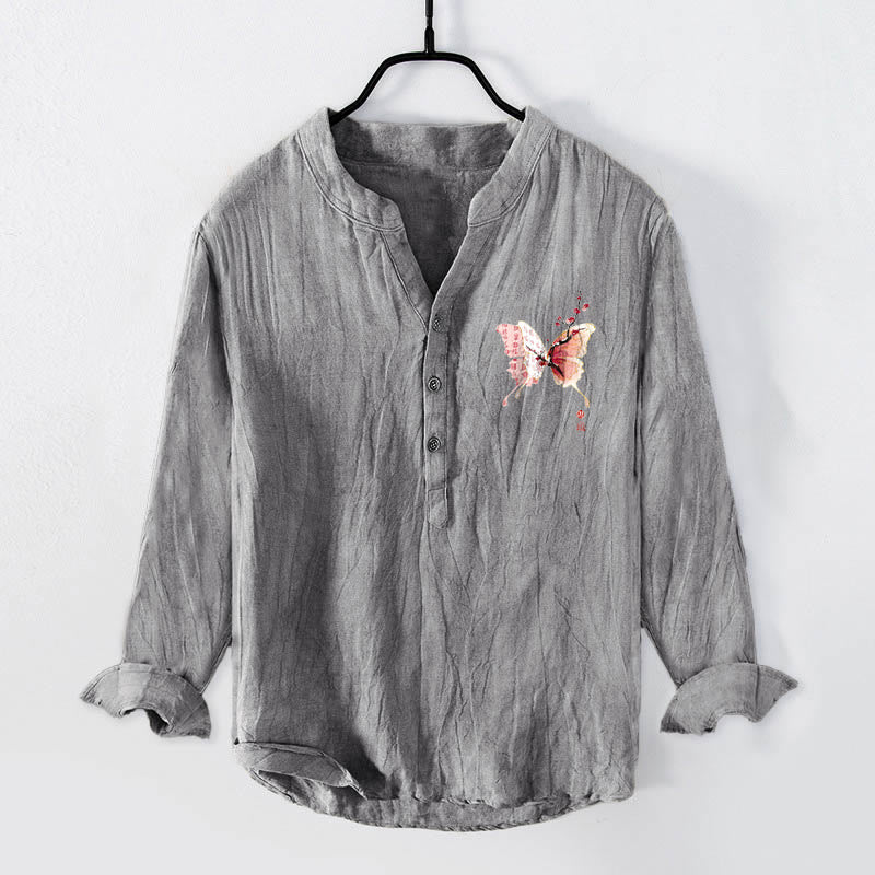 Chemise à manches longues pour homme en coton et lin, motif papillon et prune, avec demi-boutons et Buddha Stones - image 1