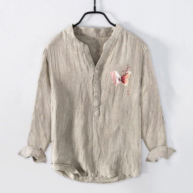 Chemise à manches longues pour homme en coton et lin, motif papillon et prune, avec demi-boutons et Buddha Stones - image 4