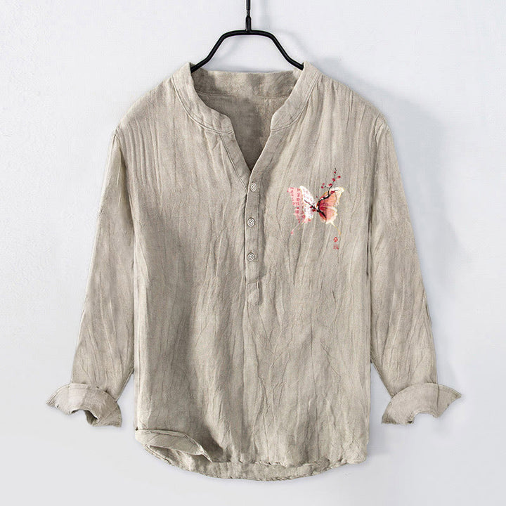 Chemise à manches longues pour homme en coton et lin, motif papillon et prune, avec demi-boutons et Buddha Stones - image 4