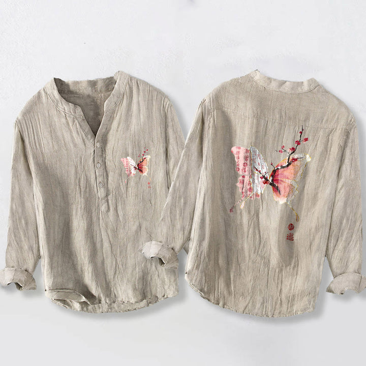 Chemise à manches longues pour homme en coton et lin, motif papillon et prune, avec demi-boutons et Buddha Stones - Lin - US/UK/AU50，EU60 (5XL) - image 3