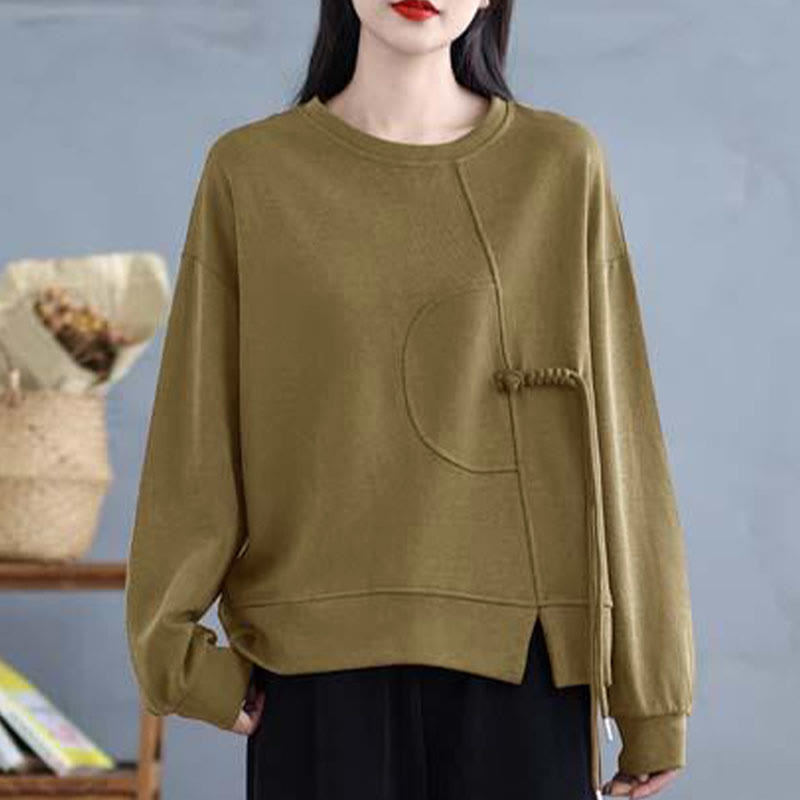 Sweat-shirt à manches longues en coton uni à col rond et boutons grenouille pour femme, motif Buddha Stones - image 22