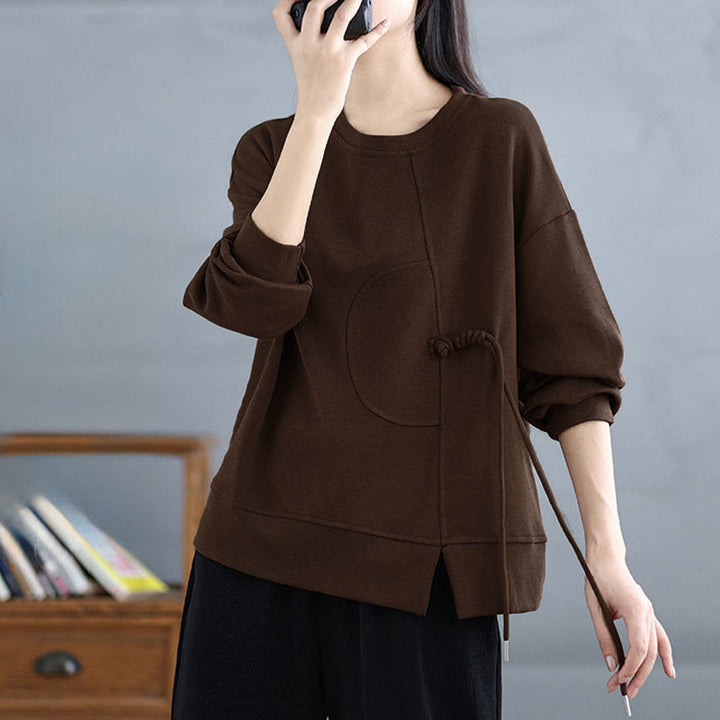 Sweat-shirt à manches longues en coton uni à col rond et boutons grenouille pour femme, motif Buddha Stones - image 8