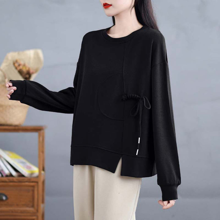 Sweat-shirt à manches longues en coton uni à col rond et boutons grenouille pour femme, motif Buddha Stones - image 17