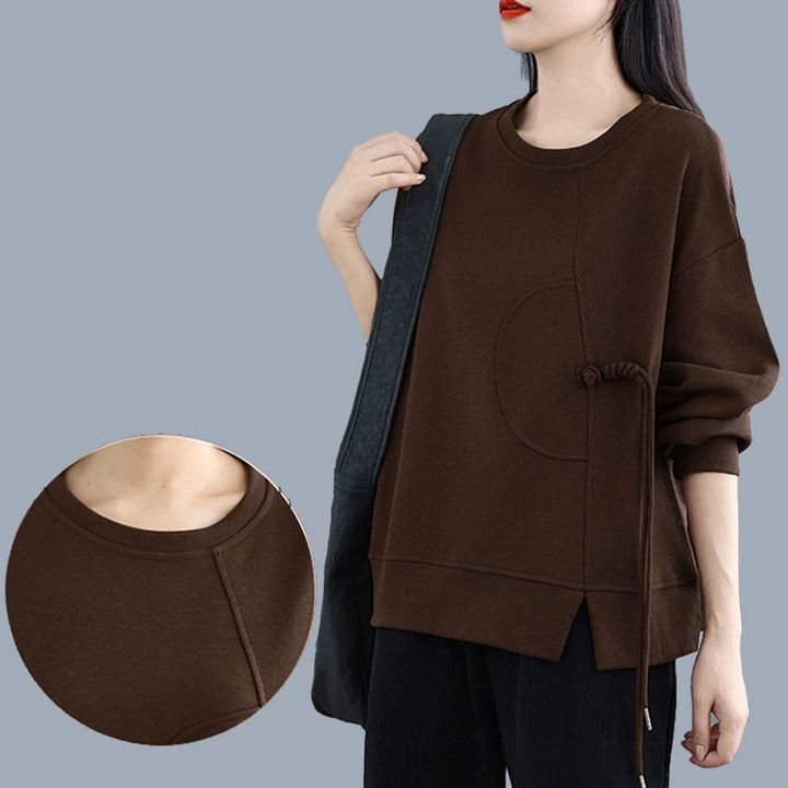 Sweat-shirt à manches longues en coton uni à col rond et boutons grenouille pour femme, motif Buddha Stones - image 9