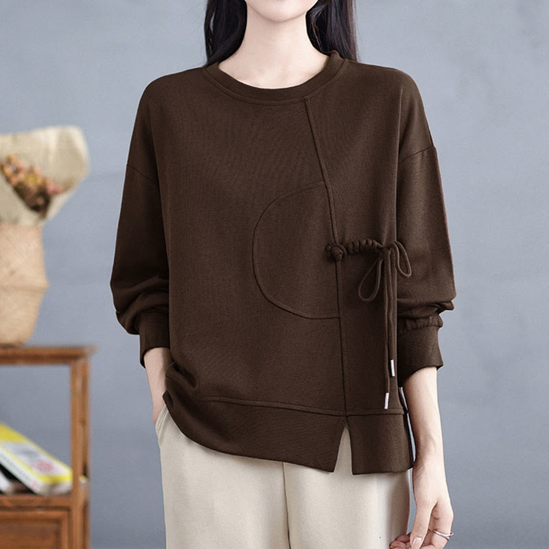 Sweat-shirt à manches longues en coton uni à col rond et boutons grenouille pour femme, motif Buddha Stones - image 0