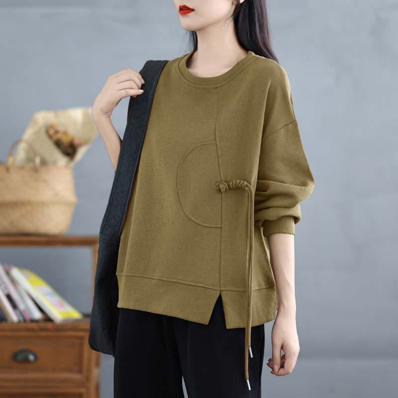 Sweat-shirt à manches longues en coton uni à col rond et boutons grenouille pour femme, motif Buddha Stones - image 21