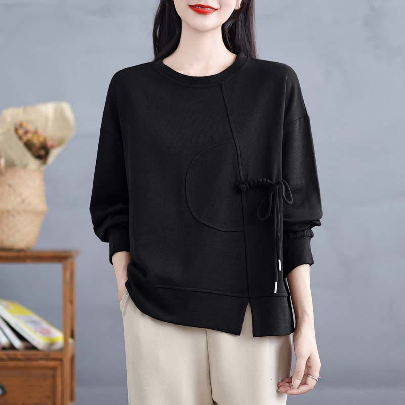 Sweat-shirt à manches longues en coton uni à col rond et boutons grenouille pour femme, motif Buddha Stones - Noir - US12，UK/AU16，EU44 (3XL) - image 16