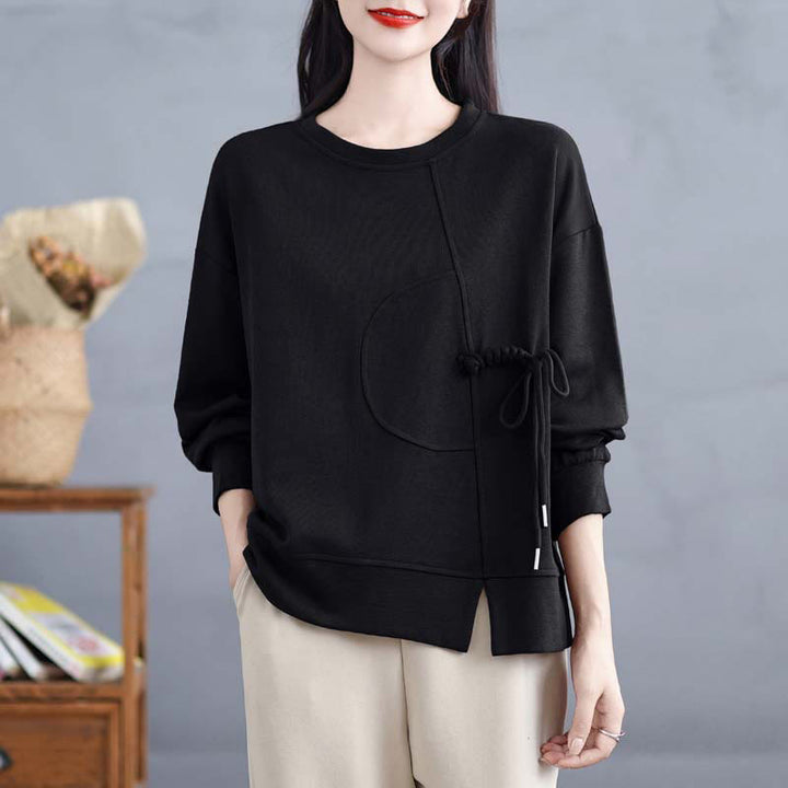 Sweat-shirt à manches longues en coton uni à col rond et boutons grenouille pour femme, motif Buddha Stones - Noir - US12，UK/AU16，EU44 (3XL) - image 16