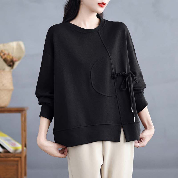 Sweat-shirt à manches longues en coton uni à col rond et boutons grenouille pour femme, motif Buddha Stones - image 18