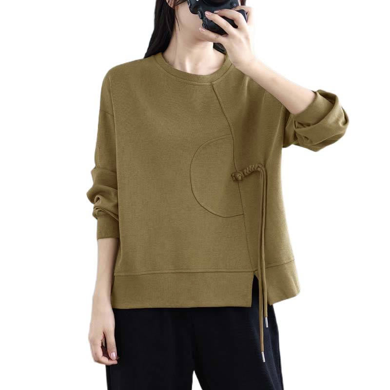 Sweat-shirt à manches longues en coton uni à col rond et boutons grenouille pour femme, motif Buddha Stones - image 24