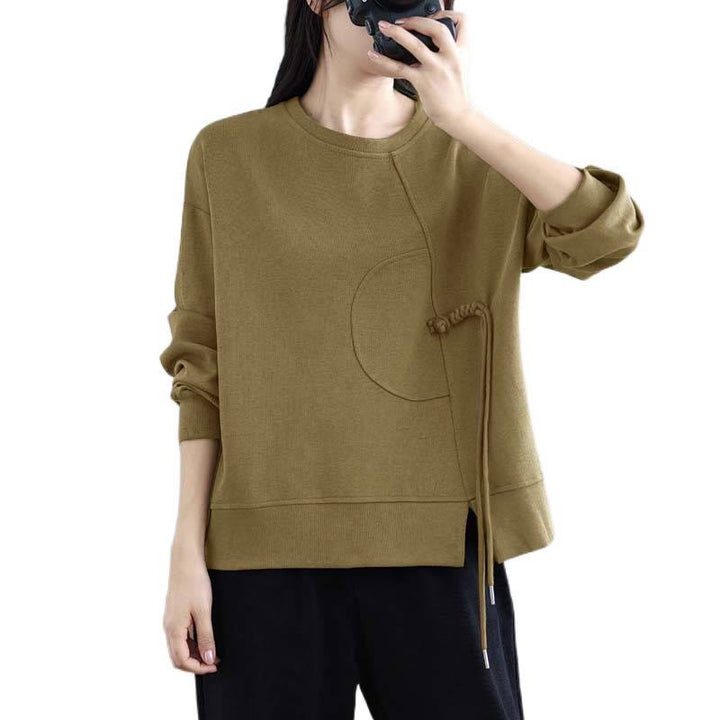 Sweat-shirt à manches longues en coton uni à col rond et boutons grenouille pour femme, motif Buddha Stones - image 24