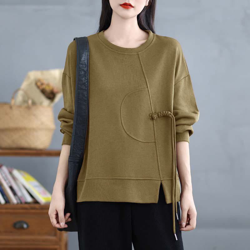 Sweat-shirt à manches longues en coton uni à col rond et boutons grenouille pour femme, motif Buddha Stones - DarkKhaki - US12，UK/AU16，EU44 (3XL) - image 20