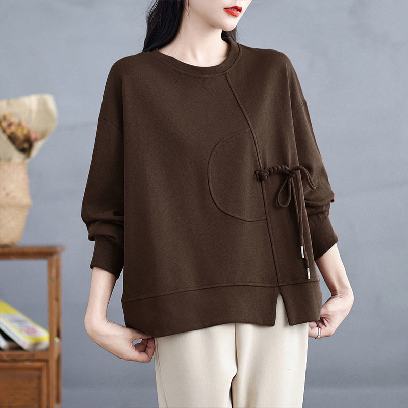 Sweat-shirt à manches longues en coton uni à col rond et boutons grenouille pour femme, motif Buddha Stones - image 3