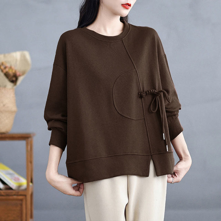 Sweat-shirt à manches longues en coton uni à col rond et boutons grenouille pour femme, motif Buddha Stones - image 3