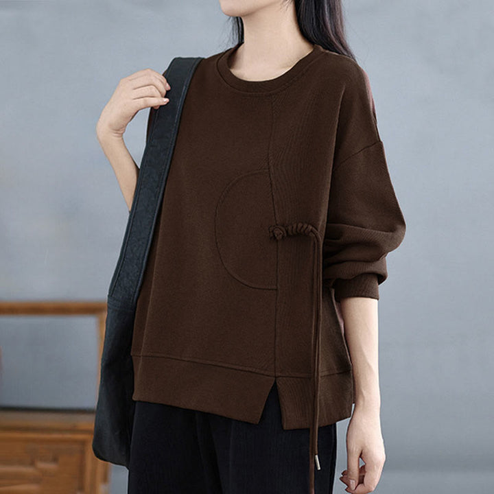 Sweat-shirt à manches longues en coton uni à col rond et boutons grenouille pour femme, motif Buddha Stones - image 7