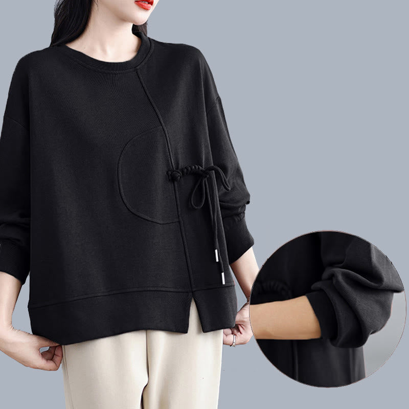 Sweat-shirt à manches longues en coton uni à col rond et boutons grenouille pour femme, motif Buddha Stones - image 19